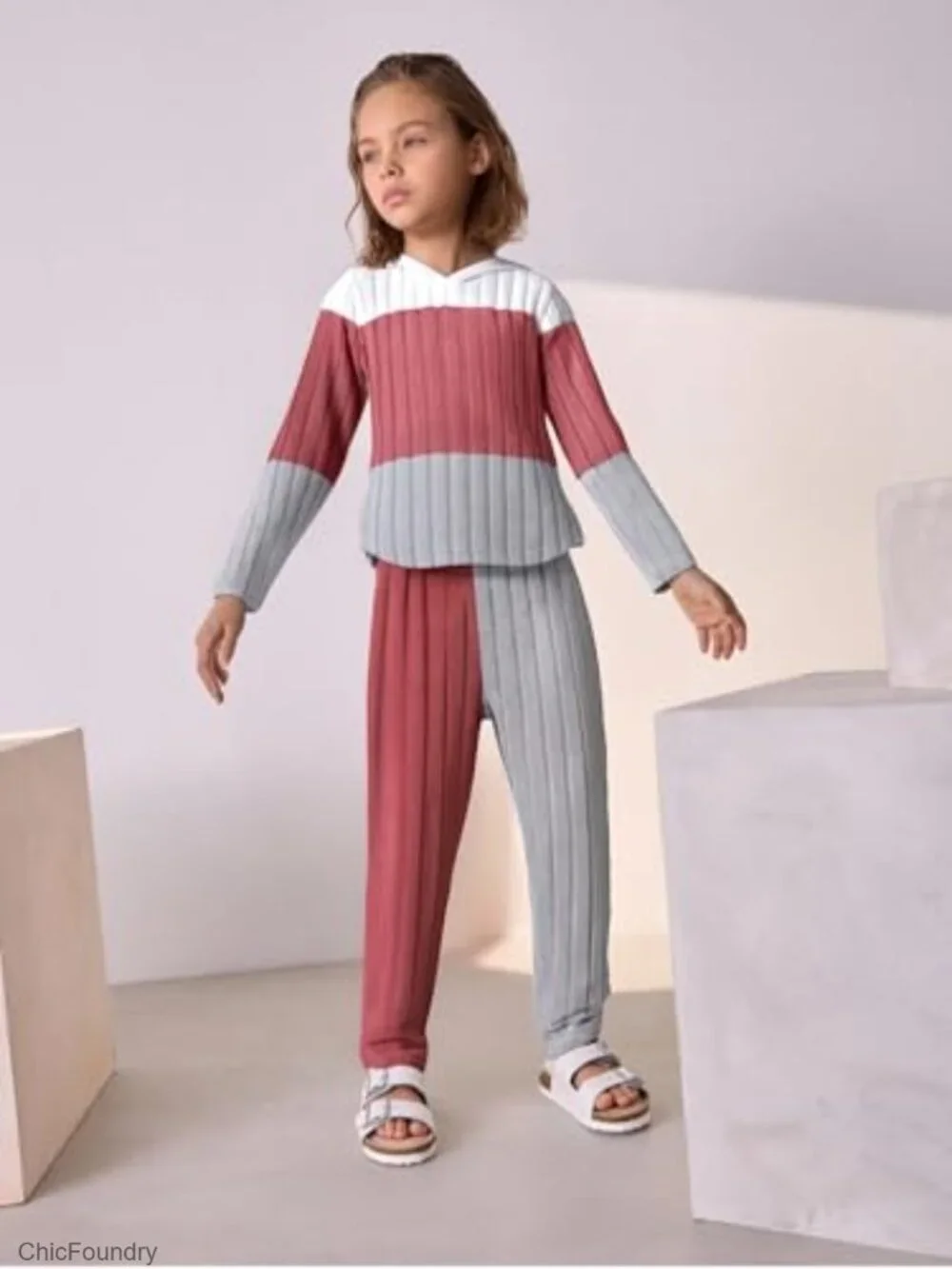 Girls Ribbed Colorblock Hoodie Sweatsuit Set Long Sleeve Pullover and Pants